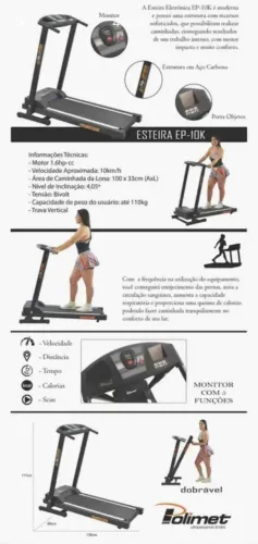 Esteira Ergométrica Elétrica Dobrável EP-10k 1.6hp 10km/h Poli Sports