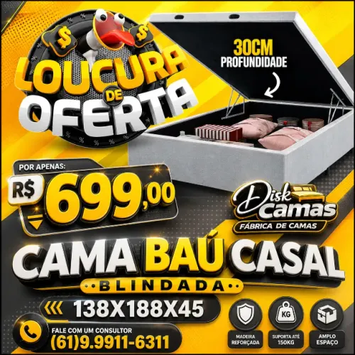 Cama Baú Casal Reforçada 138x188x45 Direto da Fábrica - Por apenas: R$699,00;