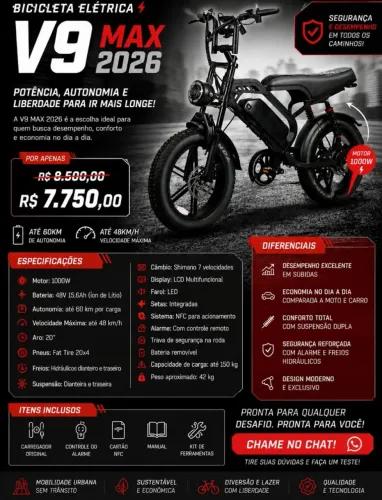 ? Bicicleta Elétrica V9 MAX 2026 | 1000W | Até 60km de Autonomia | Freios Hidráulicos