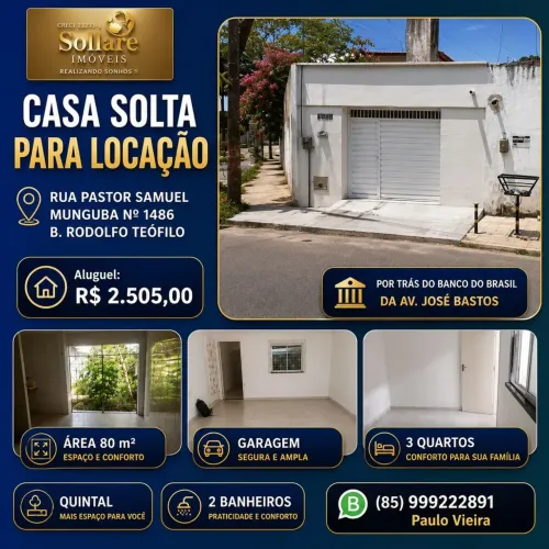 Alugo Casa no Bairro Rodolfo Teófilo, Com 03 Quartos, Garagem e Quintal Paulo 85 9 9 9 2 2