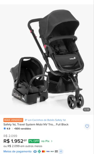 Carrinho Travel System Safety 1st Mobi NV Trio, na cor Full Black, completo.