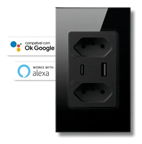 Tomada Inteligente Wi-Fi USB Dupla USB Voz Alexa Google WiFi Preto