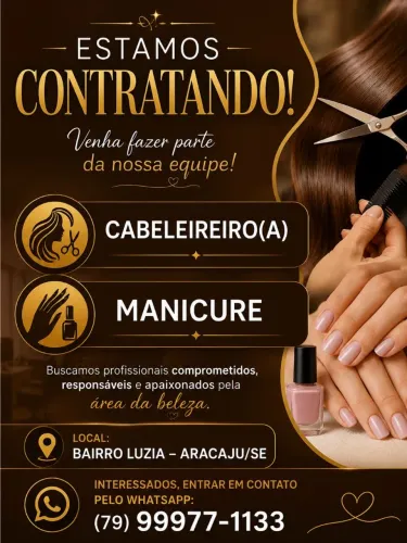 Vaga para cabeleireiro e manicure em salão que será inaugurado!