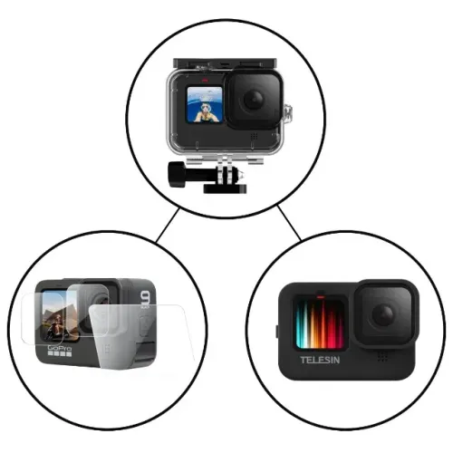 Kit com Caixa Estanque, Capa de Silicone e Película para a GoPro HERO9, 10, 11, 12 e 13