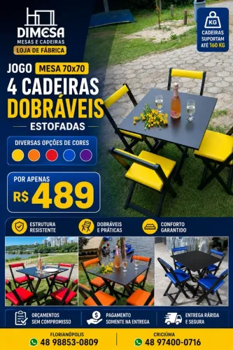 Conjunto estofado mesa 70x70 com 4 cadeiras dobráveis