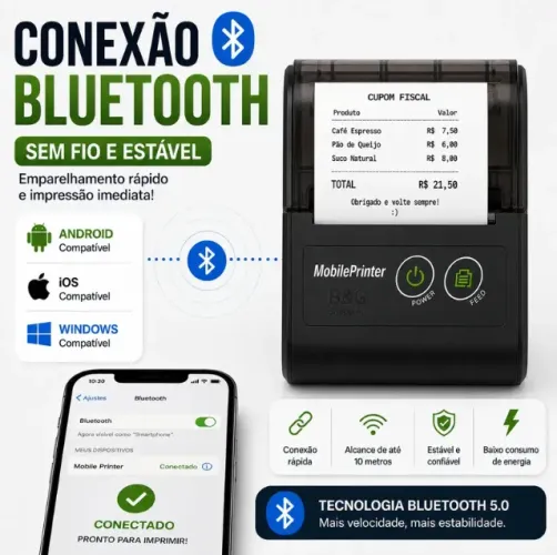 Mini Impressora Térmica Portátil Bluetooth 58mm Recibos Pedidos Comandas