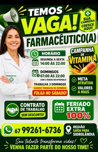 Vaga para Farmáceutico (a) COM CRF ATIVO