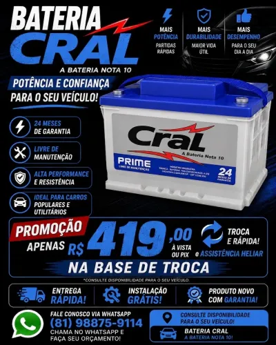 Bateria de carro Cral prime 60ah 24 meses garantia