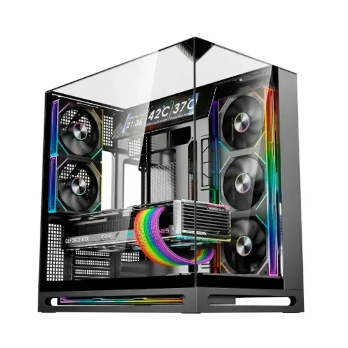Gabinete Gamer Liketec Cygnus Dark, ATX, 8 Fans ARGB e Display LCD, Vidro Temperado, Preto