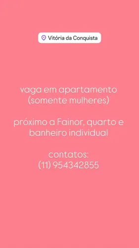 Vaga disponível em apartamento somente 2 meninas, incluso água e energia 