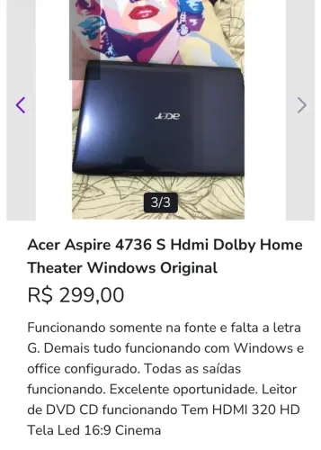 Notebook ACER ASPIRE 4736 S - Funcionando! No Estado.
