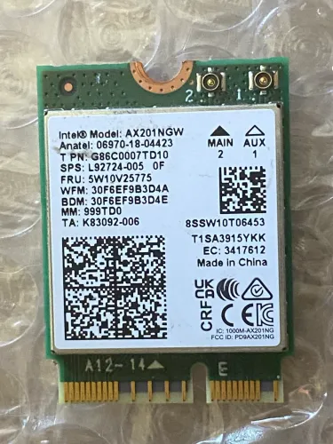 Placa Wi-Fi Intel AX201NGW - Wi-Fi 6 + Bluetooth 5.2 (M.2 2230)