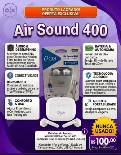 Fone de ouvido sem fio Bluetooth Air Sound 400 - i2GO