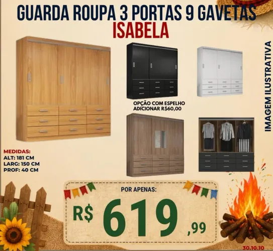 Guarda-Roupa Isabela 3 Portas 9 gavetas