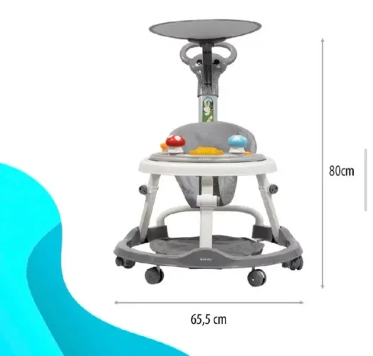 Andador infantil com capota e base para os pés, com trava e roldanas e brinquedos com sons