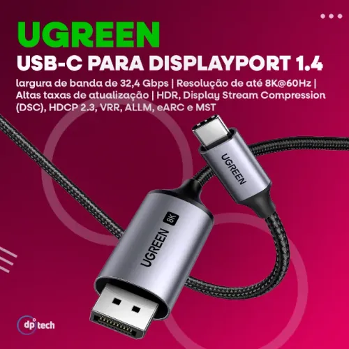 Cabo Ugreen USB-C para DisplayPort 1.4 8K@60Hz 3 Metros -Entrega Grátis-