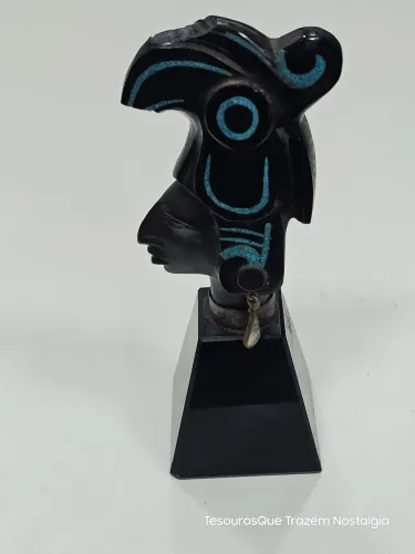 Estatueta vintage Asteca/Maia em ônix/obsidiana e com detalhes em Azul Turquesa 15cm