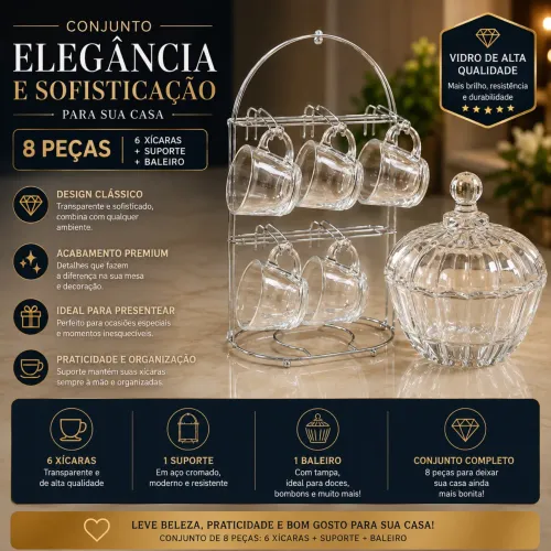 Conjunto com suporte, xícaras e baleiro/açucareiro