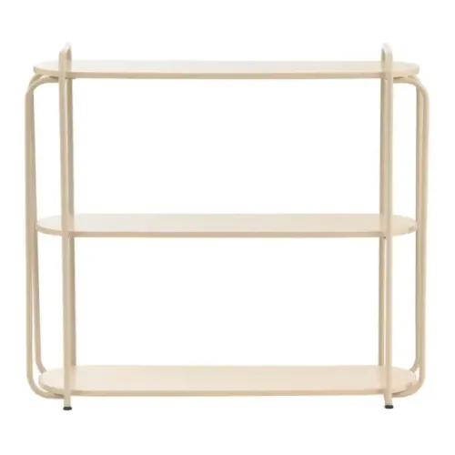 Vendo estante de 3 prateleiras, na cor bege, com estrutura metálica e design moderno e c