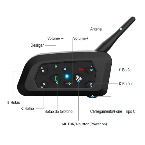 Intercomunicador V6 Pro+ Plus Capacete Moto Bluetooth 5. Ip67 Até 6 Usuários Bateria Longa