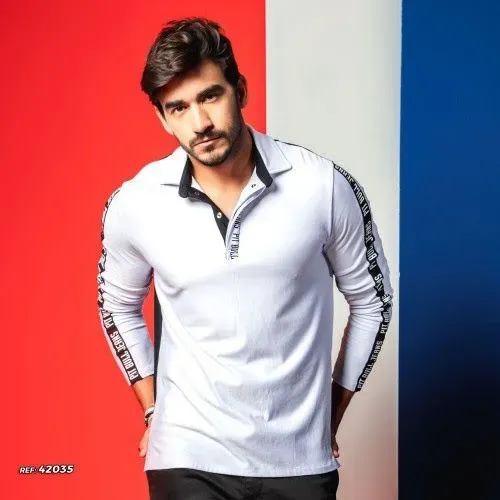 Camiseta gola polo masculina conforto manga longa bicolor
