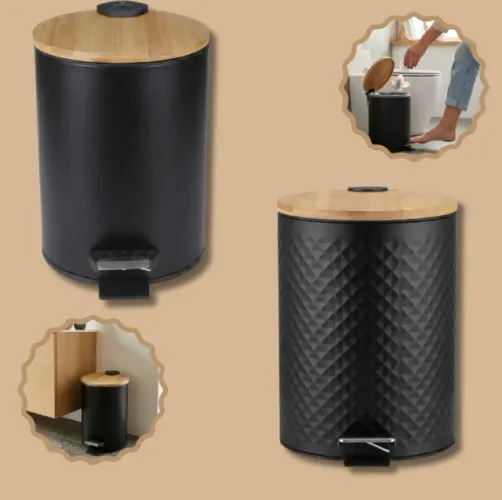 Lixeira 5L Tampa Bambu com Amortecedor Soft Close/ Pedal / Balde Removível