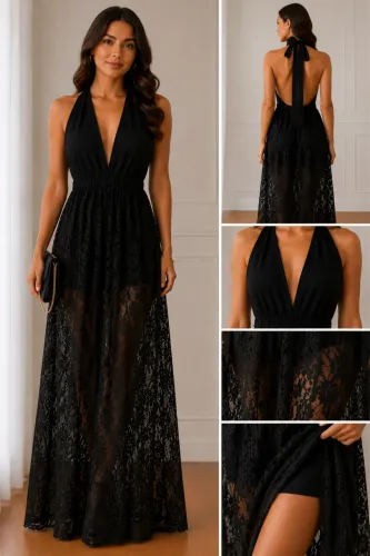 Bazar | Vestido Longo Preto de Renda com Múltiplas Amarrações