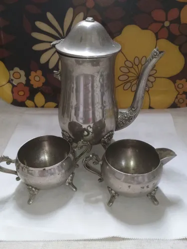 Jogo De Chá E Café Antigo Em Metal Prateado Vintage - 3 Peças