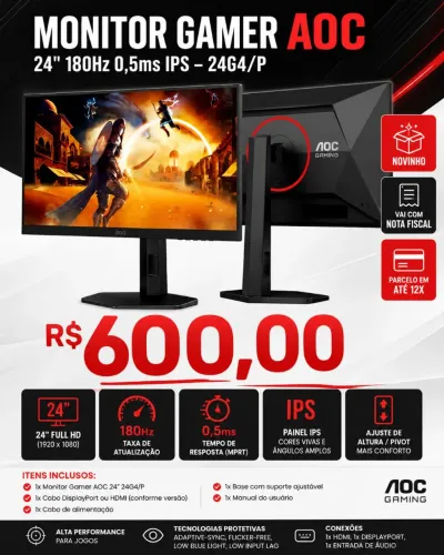 MONITOR GAMER AOC 24 NOVO<br>24" 180Hz 0,5ms IPS - 2464/P