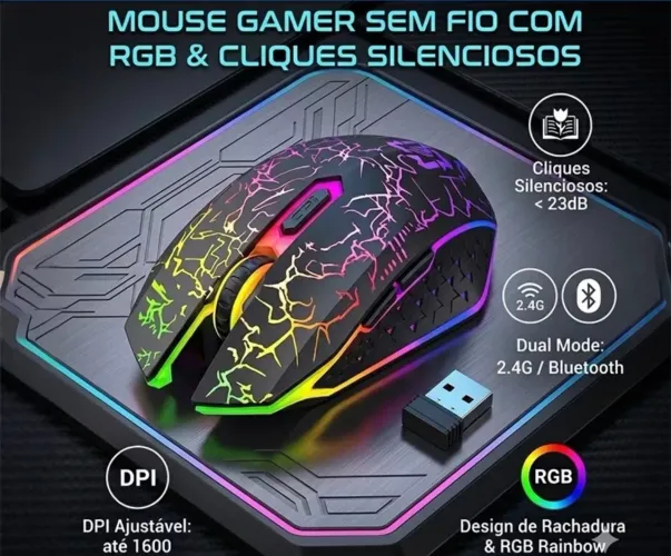 Mouse sem fio 2,4ghz / Bluetooth RGB recarregável mouse gamer sem fio