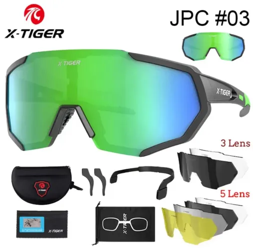 Óculos X tiger verde e preto 5 lentes esportes