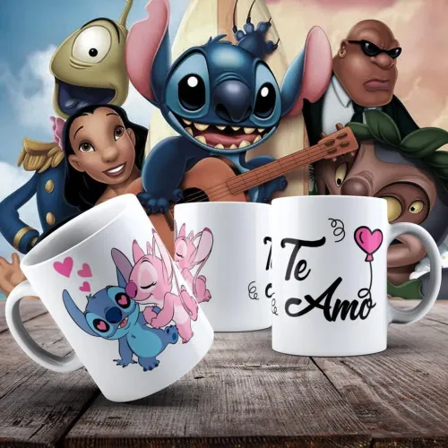 Canecas Decorativas Stitch e Angel - Coleção Amor