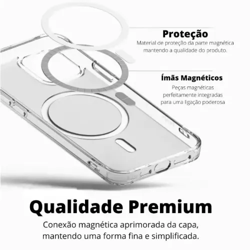 Capa Mag Safe Transparente para IPhone com carregamento magnético 