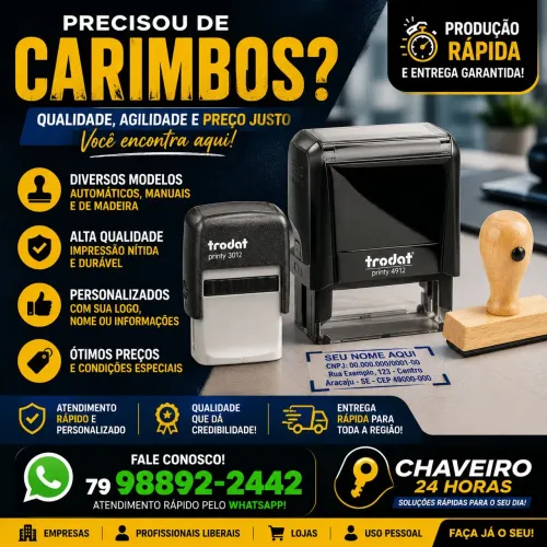 Carimbo personalizado e chaveiro 24h, peça o seu. *
