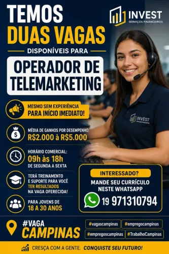 CONTRAÇÃO IMEDIATA, APENAS 2 VAGAS DISPONÍVEIS
