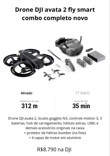 Drone DJI avata 2 fly smart combo completo novo + acessórios extra