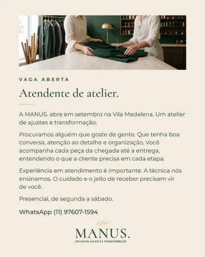 Atendente de atelier de costura, CLT, Vila Madalena