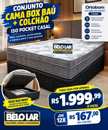 Conjunto Cama Box Baú + Colchão Ortobom Iso Pocket Casal