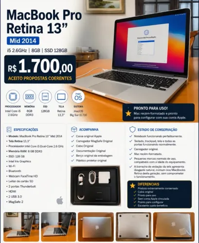 MacBook Pro Retina 13 Apple Core i5 8GB SSD 128GB 2014