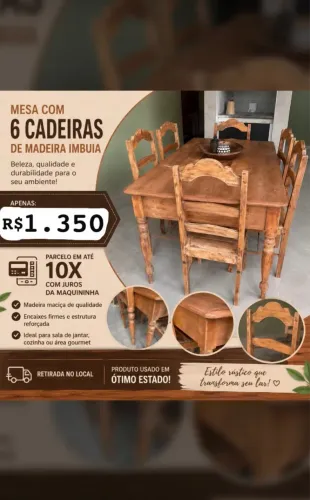 Linda Mesa em Madeira Pura - Imbuia 6 cadeiras