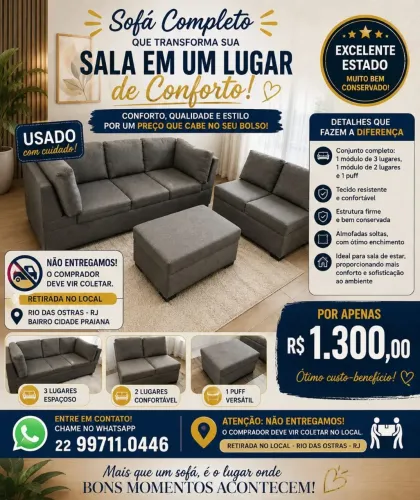 ? Conjunto de Sofás + Puff Cinza | Conservado e Fácil de Higienizar