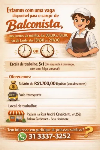 VAGA PADA ATENDENTE EM PADARIA EM BH 