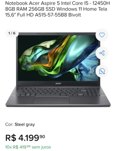 Notebook acer 5 Core I5 256g ssd Super novo