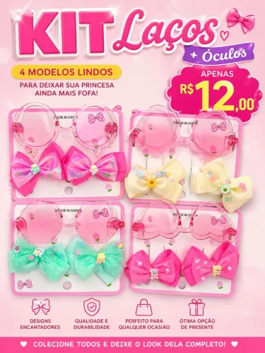 Kit laços + óculos infantil, coloridos, delicados