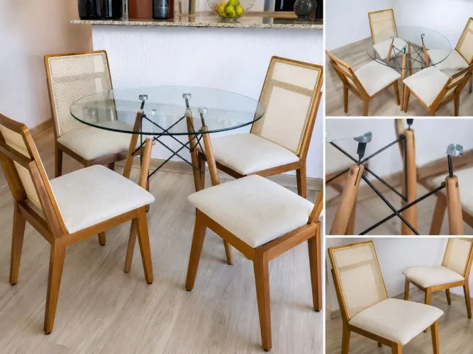 Mesa de Jantar com Tampo de Vidro e 4 Cadeiras