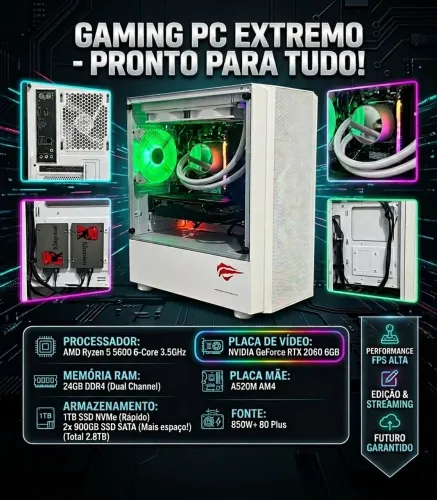 Computadador pc gamer Ryzen 5600 RTX 2060 3TB de armazenamento
