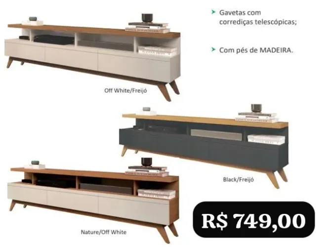 Rack Vivare 3 gavetas 1,80. Largura