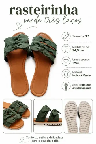 Rasteirinha Feminina Laços Verdes | Sola Tratorada | Perfeito Estado | Tamanho 37