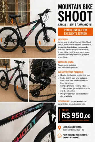 Mountain Bike Shoot Aro 29 21V Tamanho 15 - Pouco Usada e em Excelente Estado