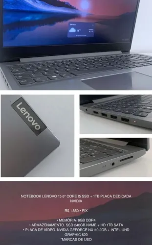 Notebook Lenovo 15.6 (intel core i5 + nvidia geforce mx110 2gb +8gb ram ddr4)